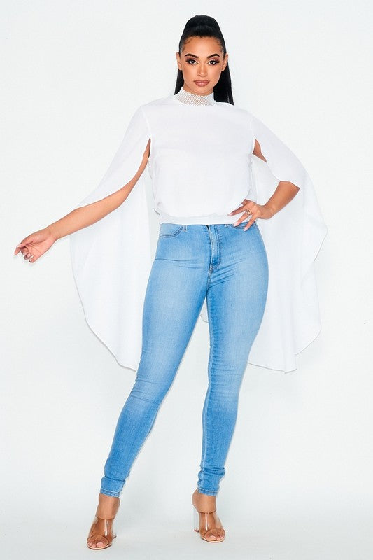 White Angel Sleeve Rhinestone Blouse