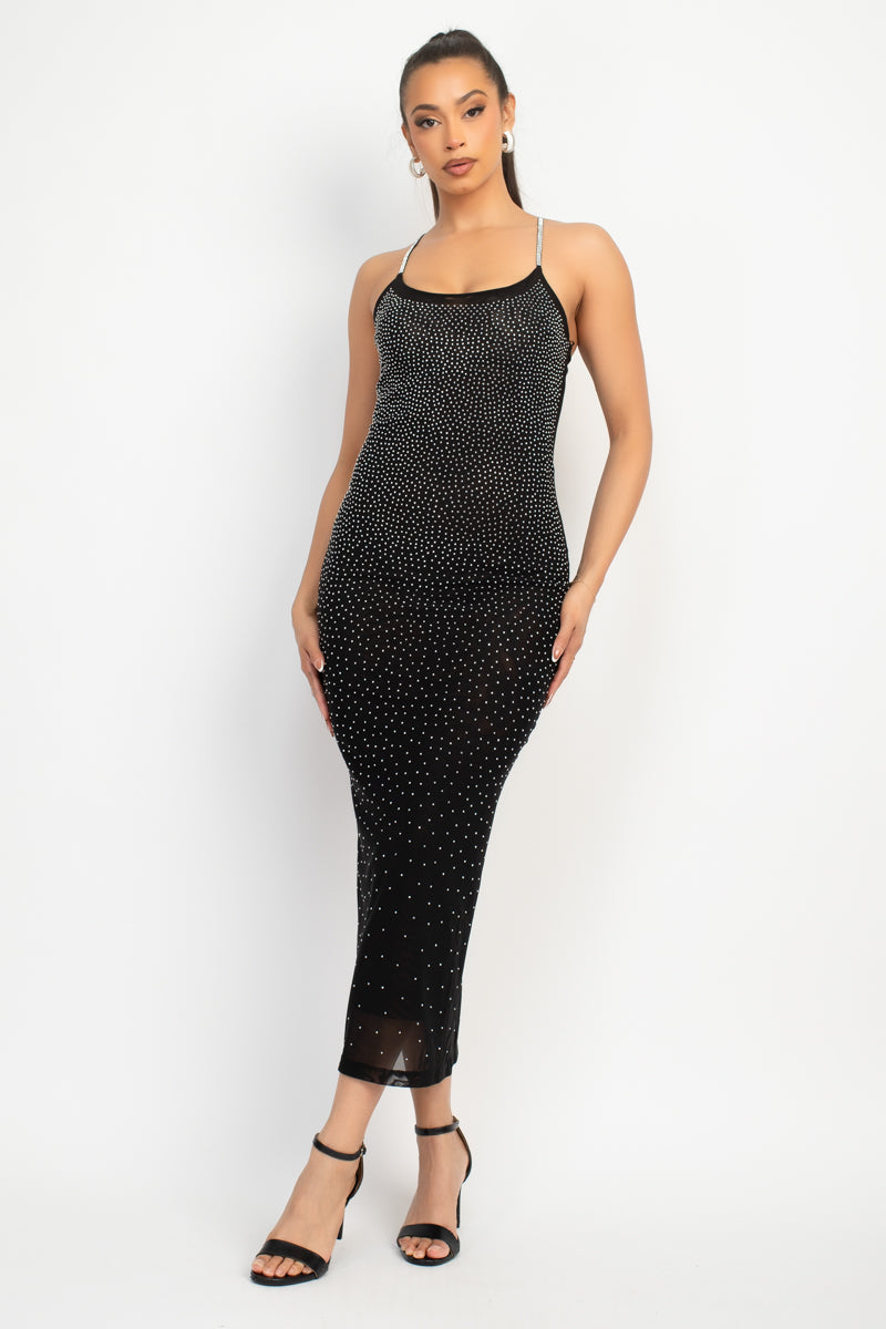 Black Rhinestone Midi Dress