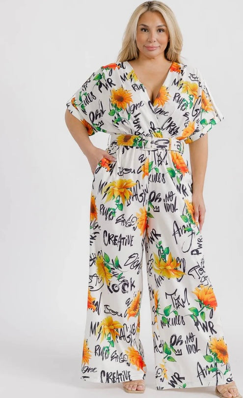 White Floral Graphic Print Plus Jumpsuit