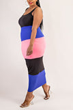 Midi Blue, Black, and Pink Color Block Dress