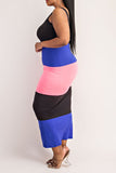 Midi Blue, Black, and Pink Color Block Dress