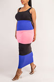 Midi Blue, Black, and Pink Color Block Dress