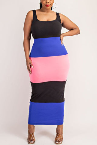 Midi Blue, Black, and Pink Color Block Dress