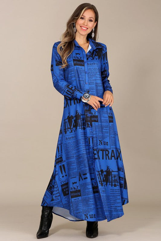 Blue Magazine Print Dress