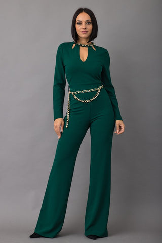 Hunter Green Jumpsuit With Gold Chain Detail