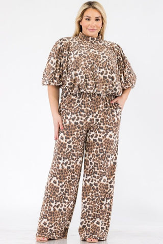 Leopard Crop Top Pants Set - Plus