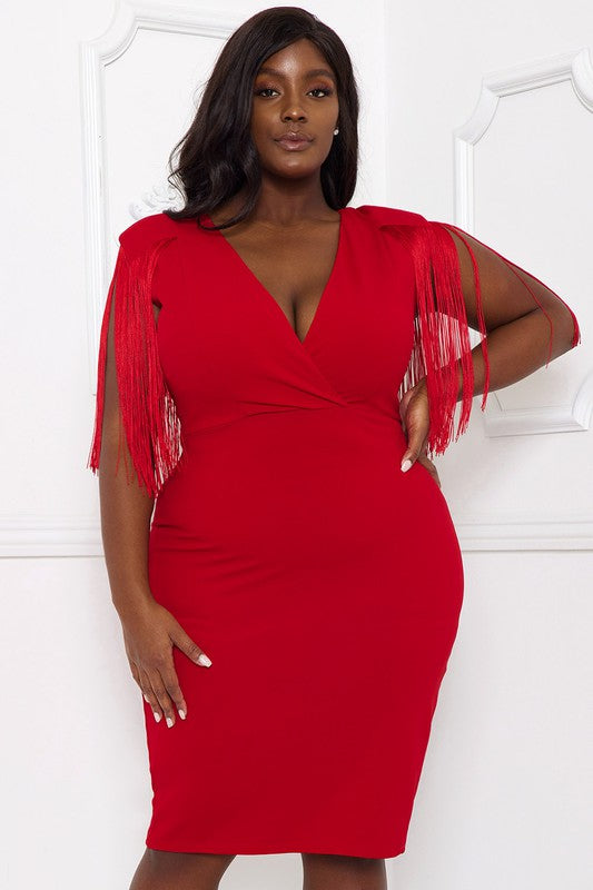 Red Fringe Sleeve Dress - Plus