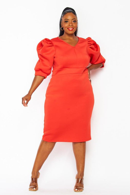 Red Orange Puff Sleeve Plus Dress