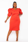 Red Orange Puff Sleeve Plus Dress