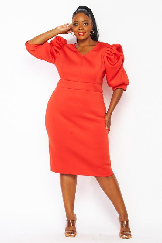 Red Orange Puff Sleeve Plus Dress