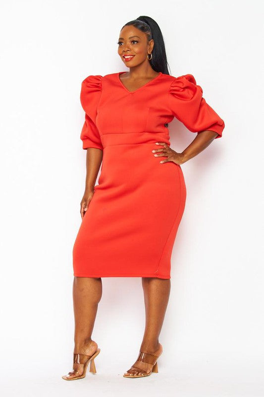 Red Orange Puff Sleeve Plus Dress