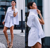 White Detachable Belt Tunic- Button Sleeve Detail