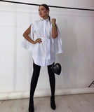 White Detachable Belt Tunic- Button Sleeve Detail