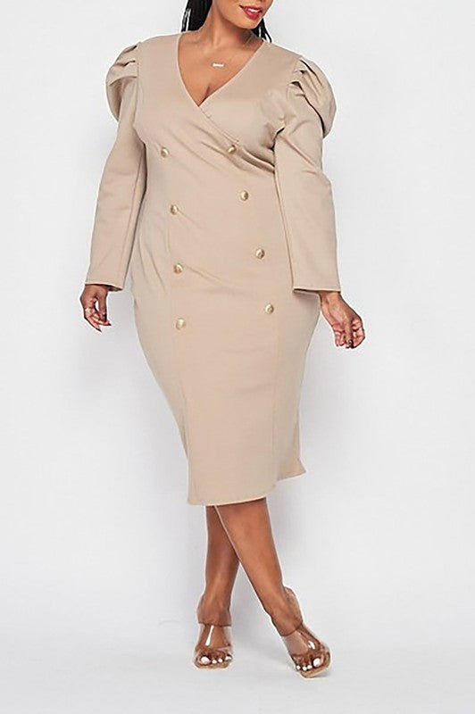 Khaki Military Button Midi Dress - Plus