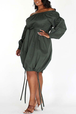Olive Off Shoulder Balloon Dress - Plus