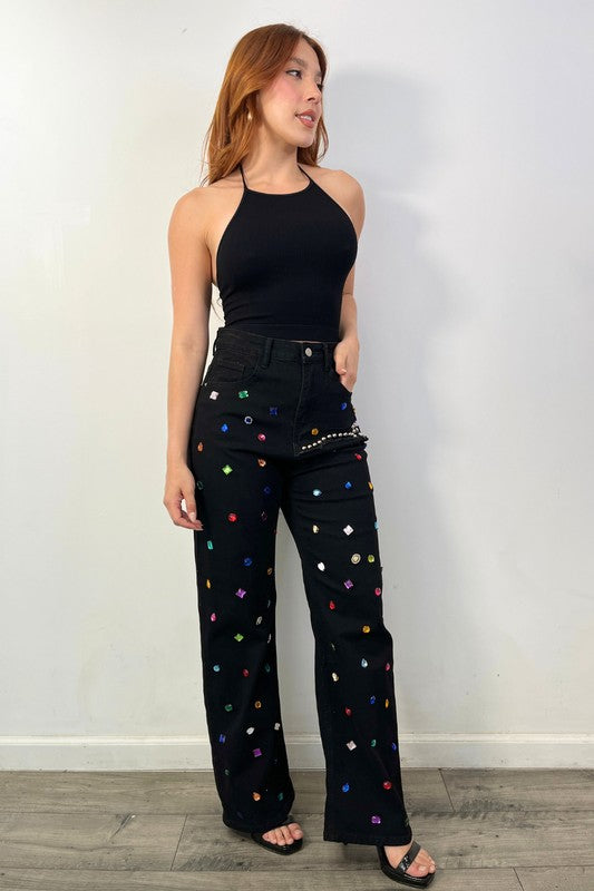 Black Multi-Colored Rhinestone Jeans
