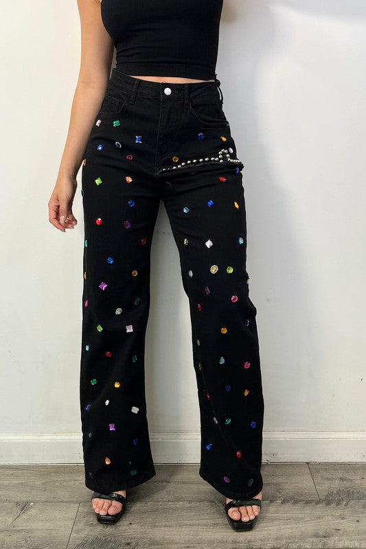 Black Multi-Colored Rhinestone Jeans