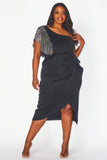Black One Shoulder Rhinestone Dress - Plus