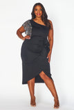 Black One Shoulder Rhinestone Dress - Plus