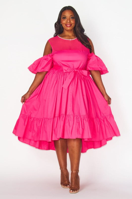 Pink High Low Rhinestone & Mesh Dress