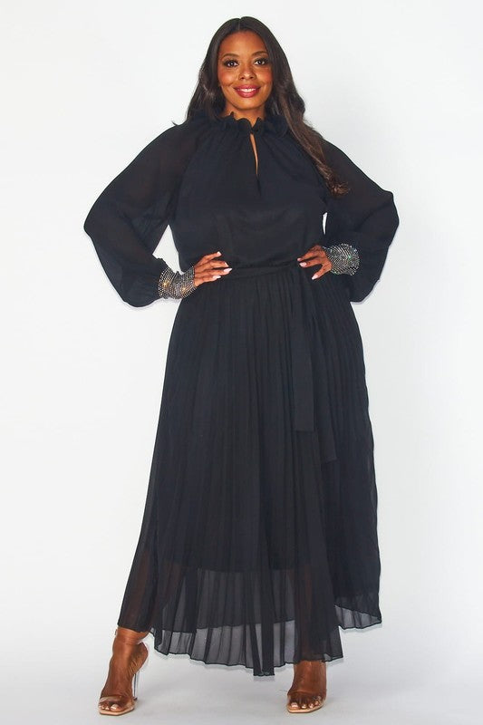 Black Lined Chiffon Pleated Dress - Plus