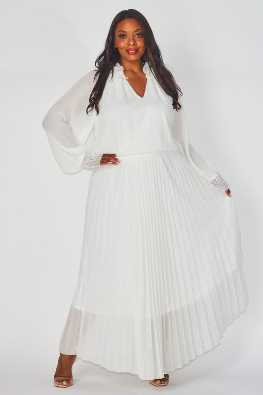 White Chiffon Pleated Dress - Plus