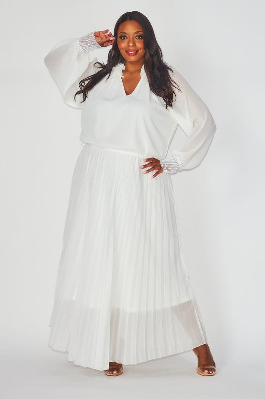 White Chiffon Pleated Dress - Plus
