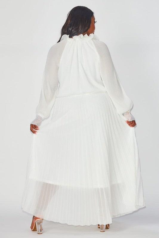 White Chiffon Pleated Dress - Plus