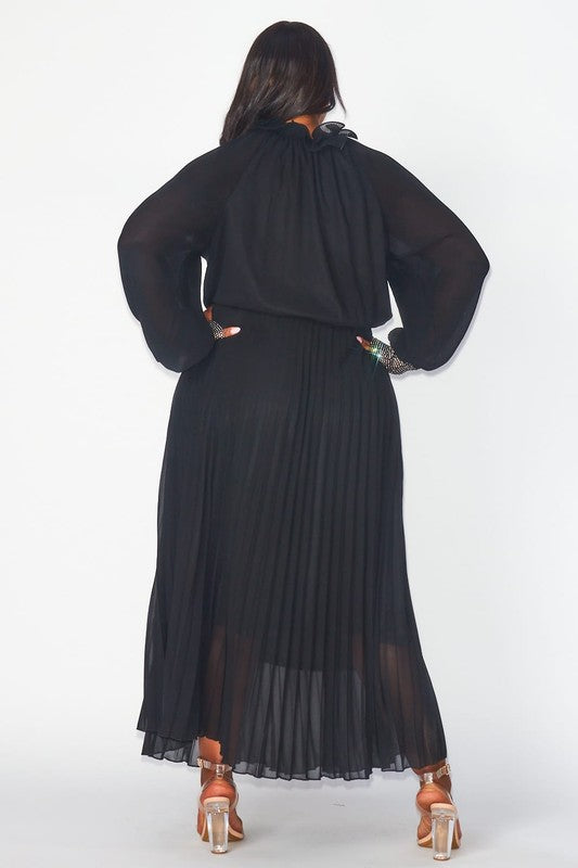 Black Lined Chiffon Pleated Dress - Plus