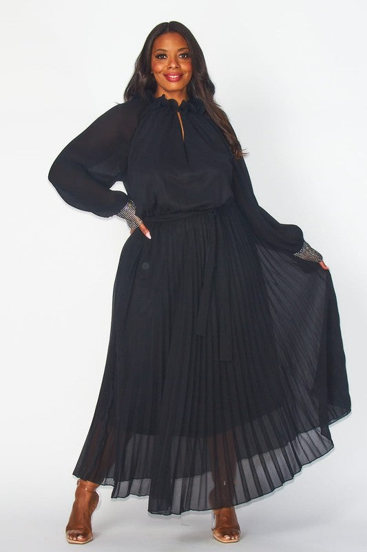 Black Lined Chiffon Pleated Dress - Plus - 2X Black Lined Chiffon Pleated Dress - Plus - 2X
