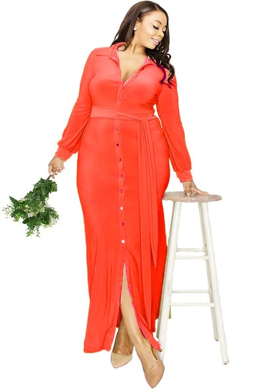 Coral Button Down Maxi Dress - Plus