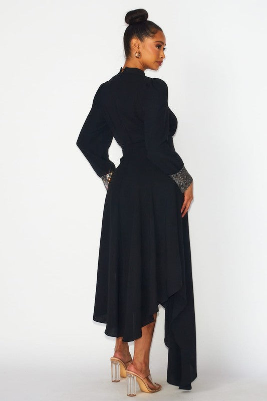 Black Rhinestone  Sleeve Asymmetrical Chiffon Dress