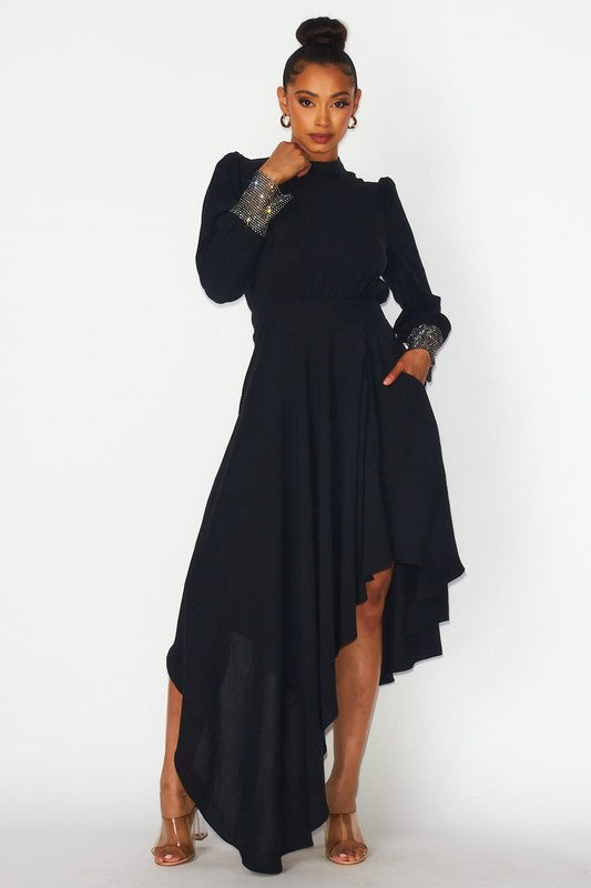 Black Rhinestone  Sleeve Asymmetrical Chiffon Dress