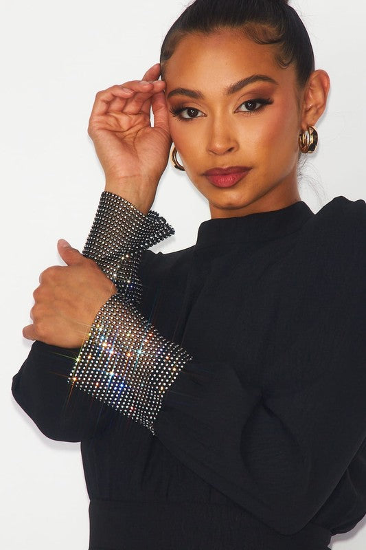 Black Rhinestone  Sleeve Asymmetrical Chiffon Dress