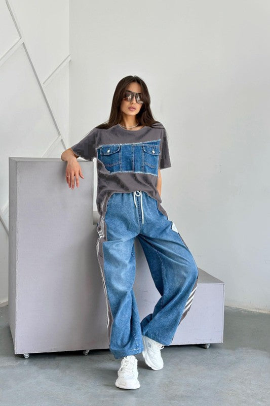 Denim Leopard Pants Set