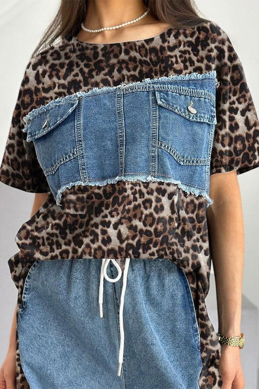 Denim Leopard Pants Set