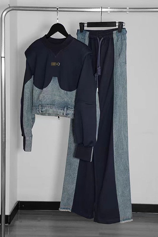 Navy Denim Drawstring Pants Set - Plus & Regular