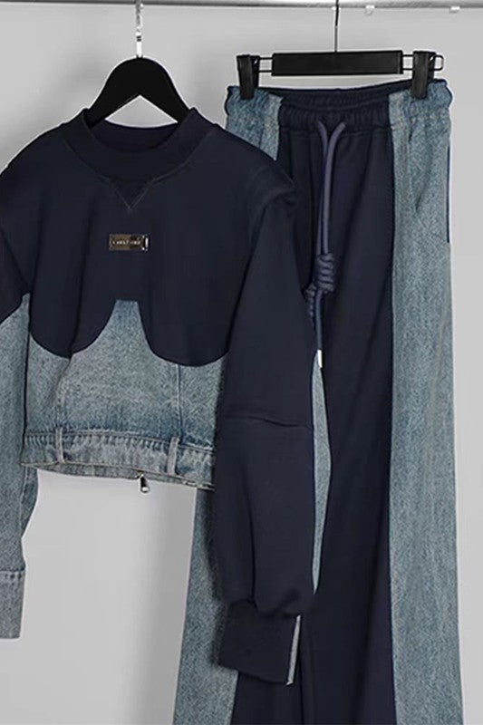 Navy Denim Drawstring Pants Set - Plus & Regular