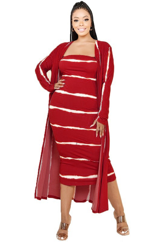 Burgundy and White Tube Dress & Cardigan Set - Plus