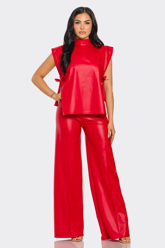 Red Faux Leather Pants Set - Plus