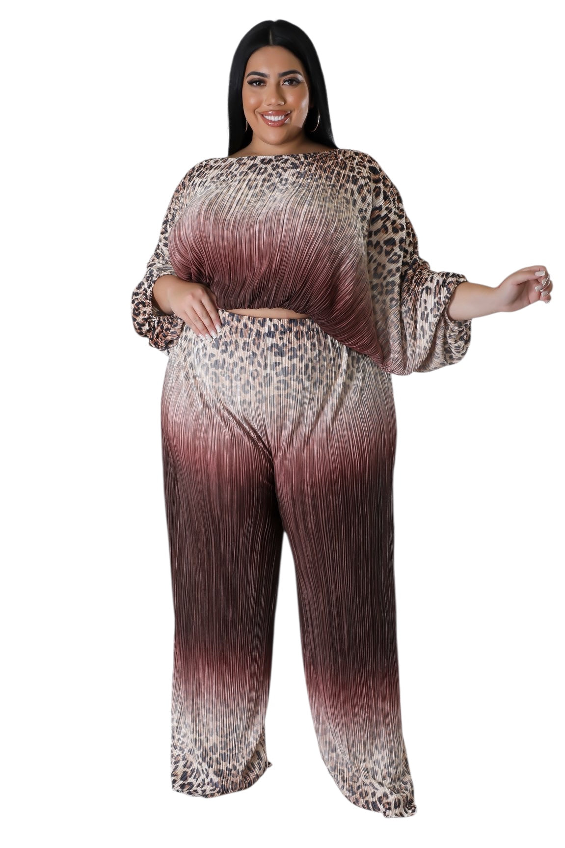Ruched Animal Leopard Print Plus Size Pants Set