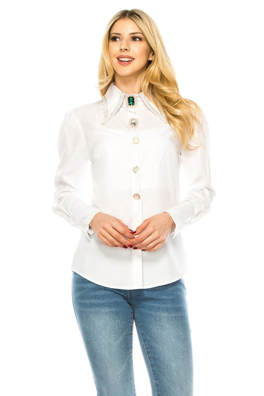 White Blouse With Emerald Jewel Detail - Plus & Regular