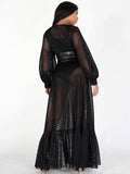 BLACK MESH LONG MAXI DRESS WITH BELT