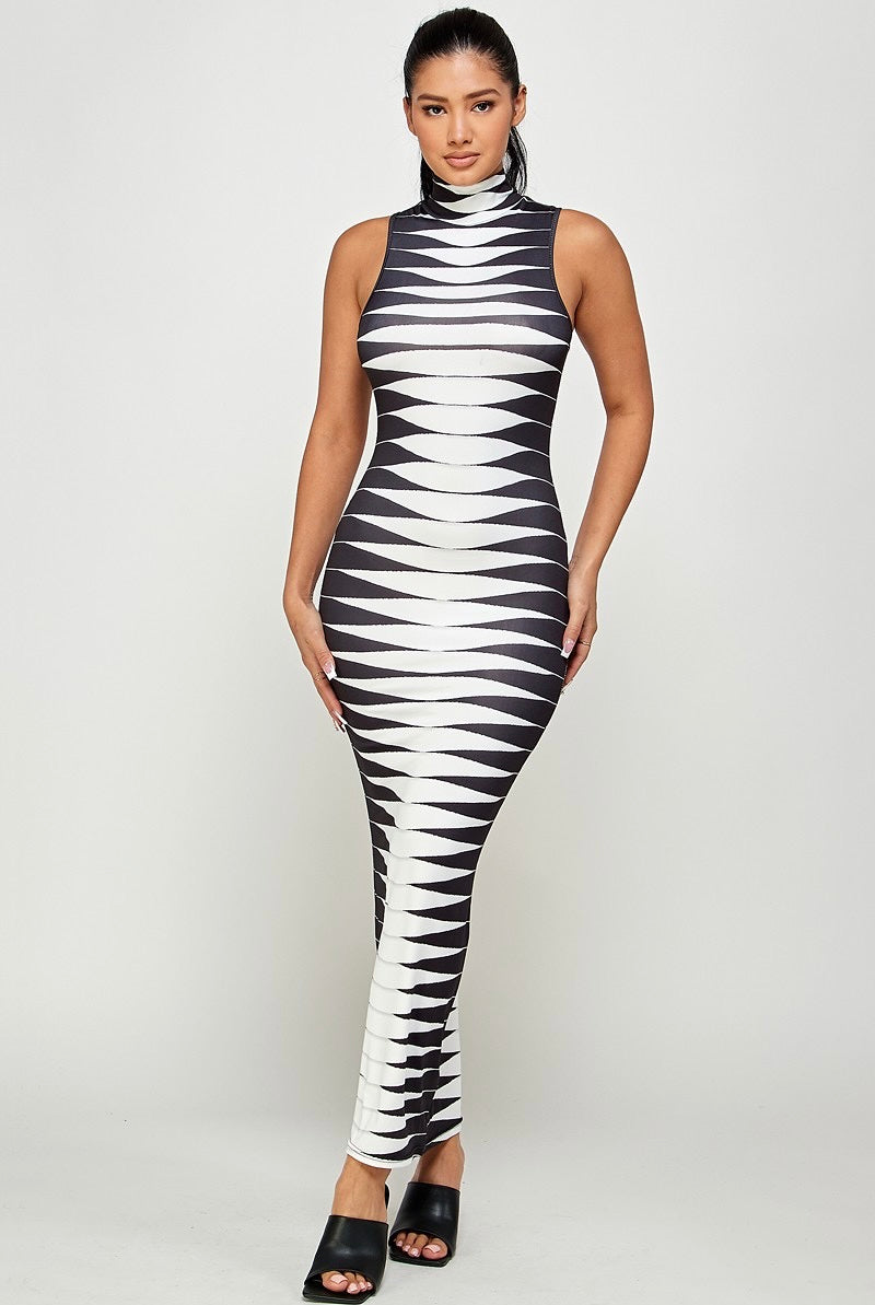 Red and White Bodycon Dress With Mock Neck