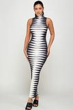 Red and White Bodycon Dress With Mock Neck
