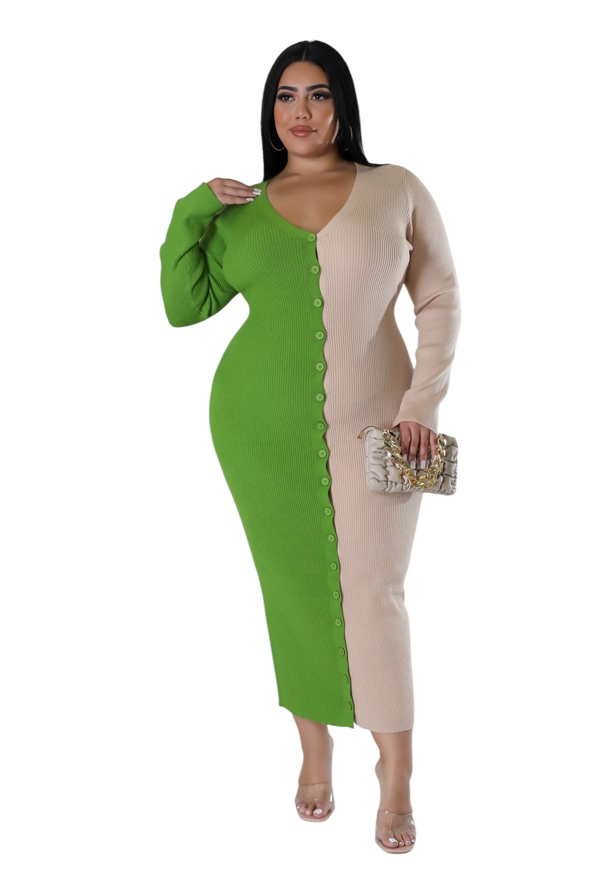 Green & Khaki Color Block Dress - Plus