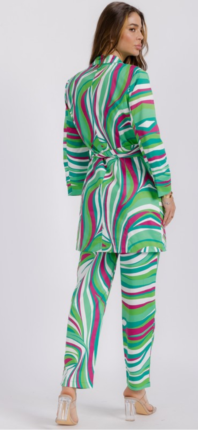 Pink and Green Pants Suit Set With Belt