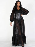 BLACK MESH LONG MAXI DRESS WITH BELT