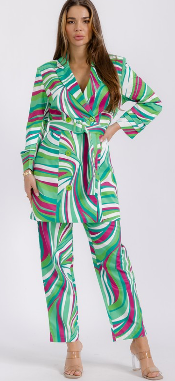 Pink and Green Pants Suit Set With Belt