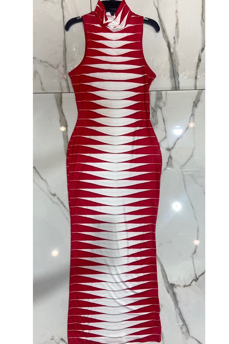 Red and White Bodycon Dress With Mock Neck